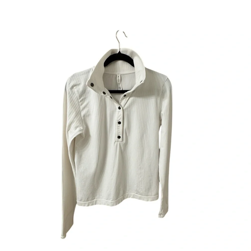 Athleta White Ribbed Button Down Long Sleeve Top - Picture 3 of 7